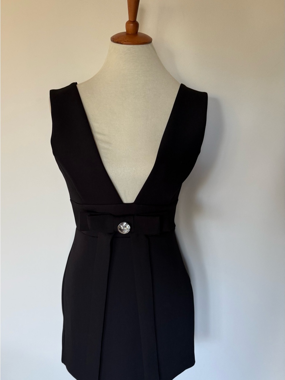 Zara Black Deep V Mini Dress with Waist Bow and Crystal